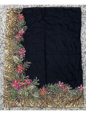VTG ROXANNE 39"x60" Sheer Black Hibiscus Floral Print SCARF Sarong Wrap EUC